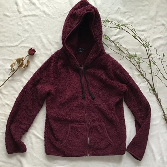 American Eagle Burgundy Teddy Zip Up Hoodie - Picture 1 of 4